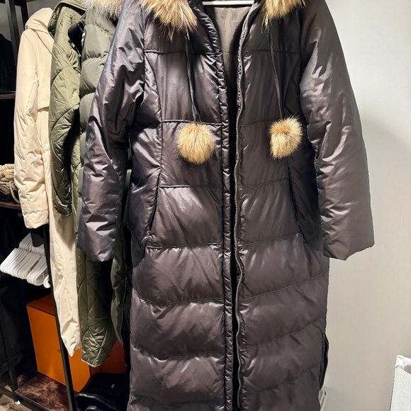 Via Spiga Long Brown Hood Puffer Long Jacket Coat With Genuine Fox Fur - Size M - Picture 3 of 9